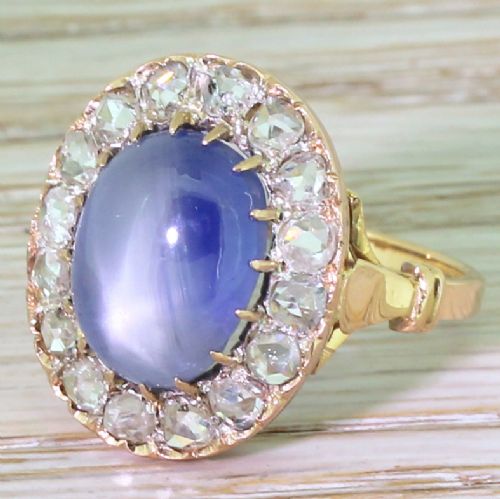 Art Deco 10.45 Carat Star Sapphire & Rose Cut Diamond Ring, French, Circa 1915
