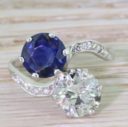 fig 1. Art Deco 1.90 Carat Natural Sapphire & 1.59 Carat Old Cut Diamond Crossover Ring, circa 1925