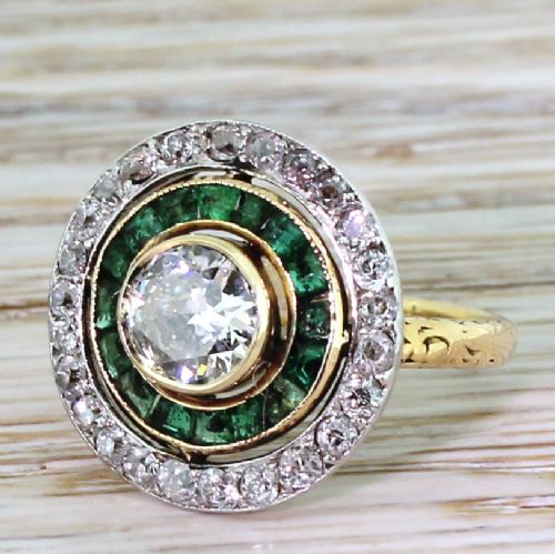 Art Deco 0.70 Carat Old Cut Diamond & Emerald Target Cluster Ring, French, Circa 1920
