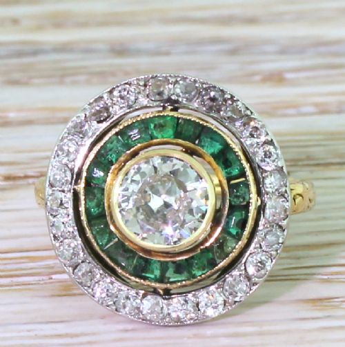 fig 1. Art Deco 0.70 Carat Old Cut Diamond & Emerald Target Cluster Ring, French, circa 1920