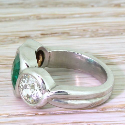 fig 2. Retro Emerald, Fancy Orange & White Old Cut Diamond Three Stone Ring, circa 1945