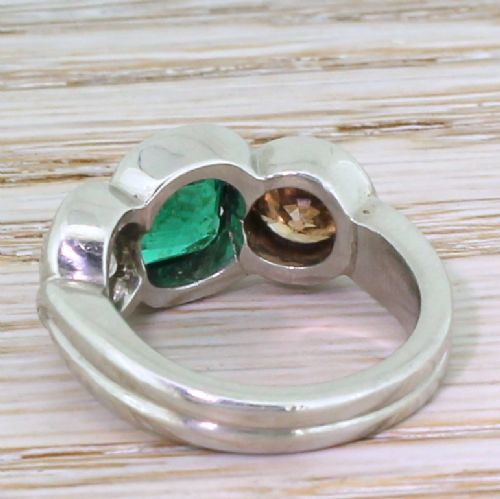 fig 3. Retro Emerald, Fancy Orange & White Old Cut Diamond Three Stone Ring, circa 1945