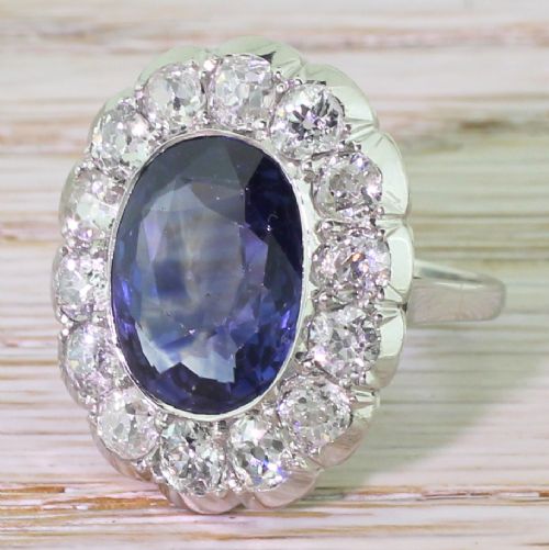 Mid Century 6.50 Carat Natural Ceylon Sapphire & Old Cut Diamond Ring, Circa 1950
