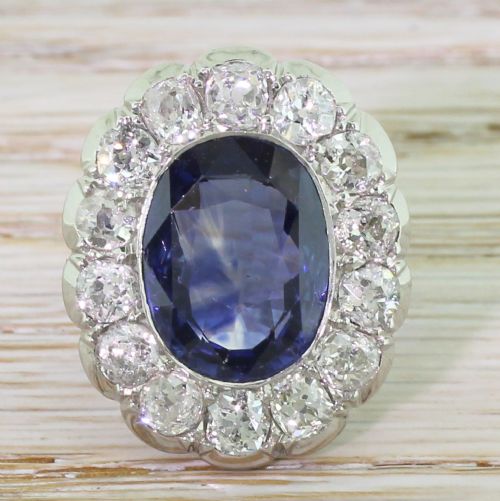 fig 1. Mid Century 6.50 Carat Natural Ceylon Sapphire & Old Cut Diamond Ring, circa 1950