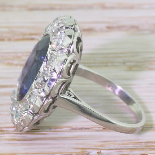 fig 2. Mid Century 6.50 Carat Natural Ceylon Sapphire & Old Cut Diamond Ring, circa 1950