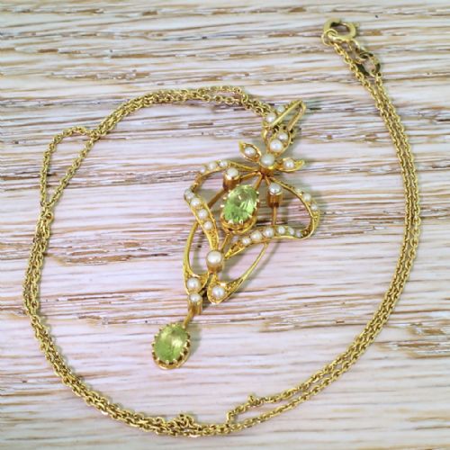 Art Nouveau Peridot & Seed Pearl Pendant, Circa 1900
