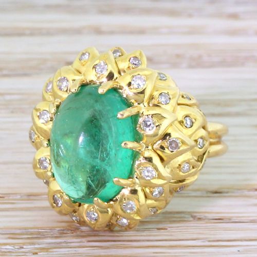 Retro 6.00 Carat Cabochon Colombian Emerald & Diamond Ring, Circa 1945
