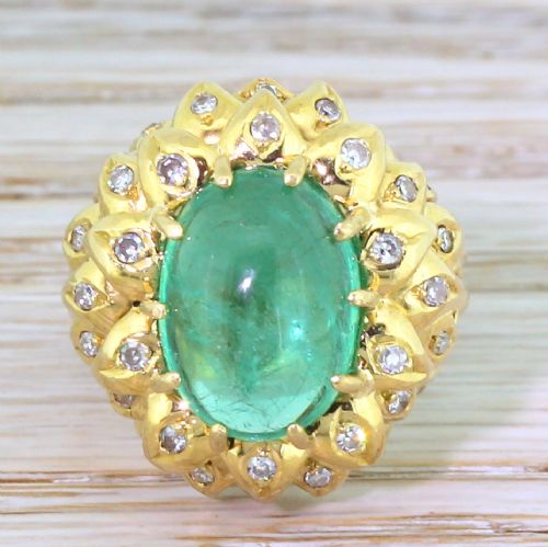 fig 1. Retro 6.00 Carat Cabochon Colombian Emerald & Diamond Ring, circa 1945