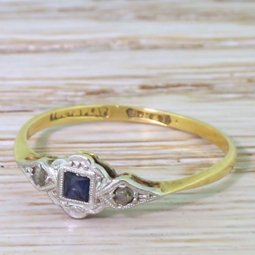 Art Deco French Cut Sapphire & Rose Cut Diamond Ring, Circa 1920
