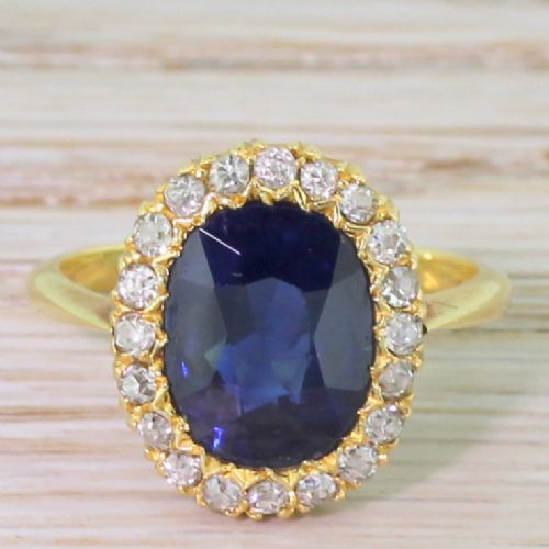fig 1. Art Deco 3.70 Carat Natural Unheated Sapphire & Diamond Cluster Ring, circa 1945