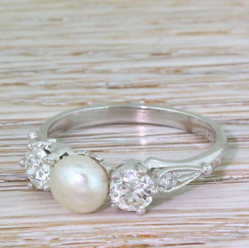 Art Deco Natural Pearl & 0.67 Carat Old Cut Diamond Trilogy Ring, Circa 1935
