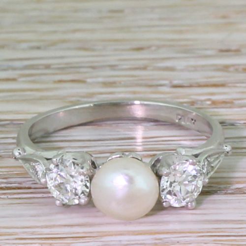 fig 1. Art Deco Natural Pearl & 0.67 Carat Old Cut Diamond Trilogy Ring, circa 1935