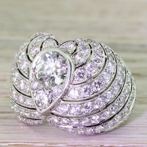 Art Deco 3.35 Carat Old Cut Diamond Bombe Cluster Ring, French, Circa 1940
