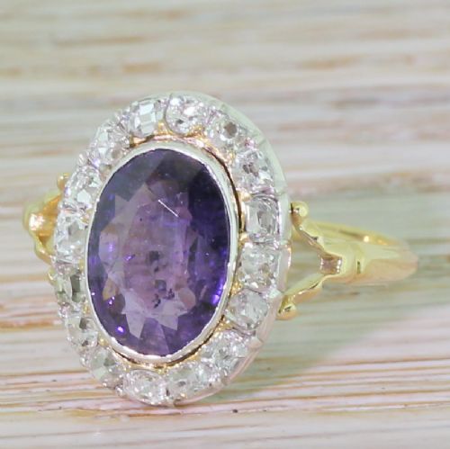 Edwardian 2.25 Carat Purple Sapphire & Old Cut Diamond Cluster Ring, Circa 1905
