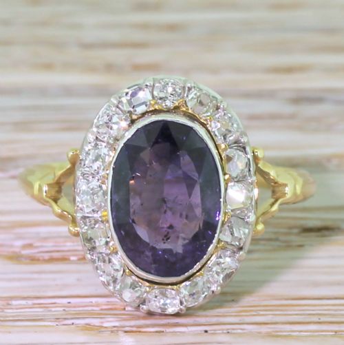 fig 2. Edwardian 2.25 Carat Purple Sapphire & Old Cut Diamond Cluster Ring, circa 1905