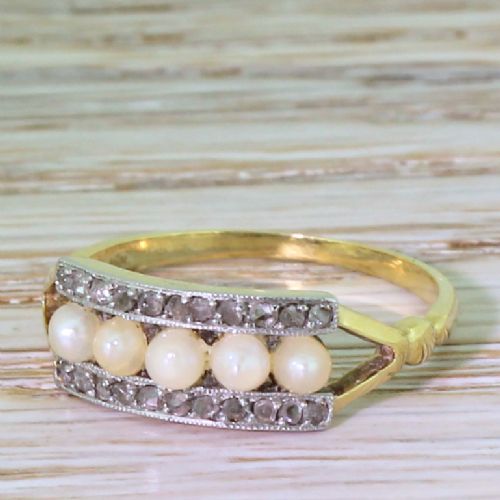 Art Deco Five Pearl & Rose Cut Diamond Ring, French, Circa 1915
