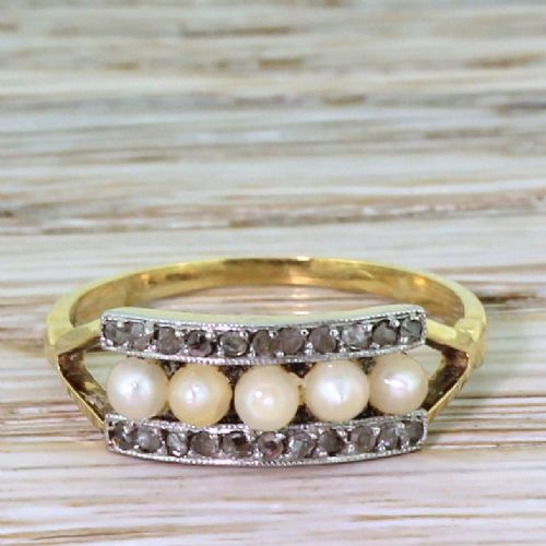 fig 1. Art Deco Five Pearl & Rose Cut Diamond Ring, French, circa 1915