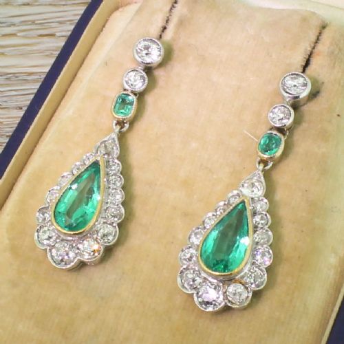 Mid Century 2.97 Carat Emerald & Old Cut Diamond Pear Drop Earrings, Circa 1950
