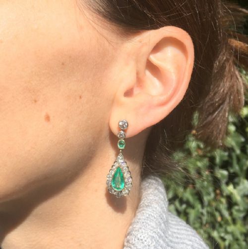 fig 1. Mid Century 2.97 Carat Emerald & Old Cut Diamond Pear Drop Earrings, circa 1950
