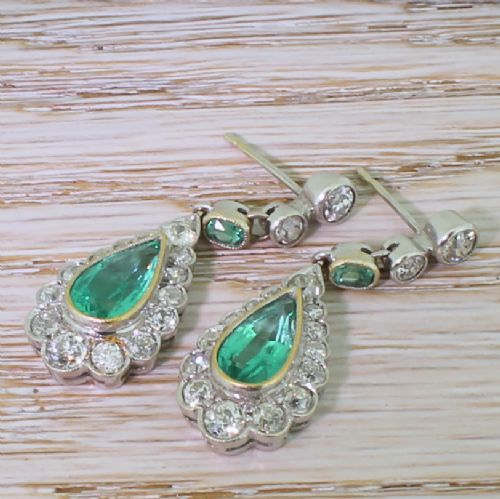 fig 2. Mid Century 2.97 Carat Emerald & Old Cut Diamond Pear Drop Earrings, circa 1950