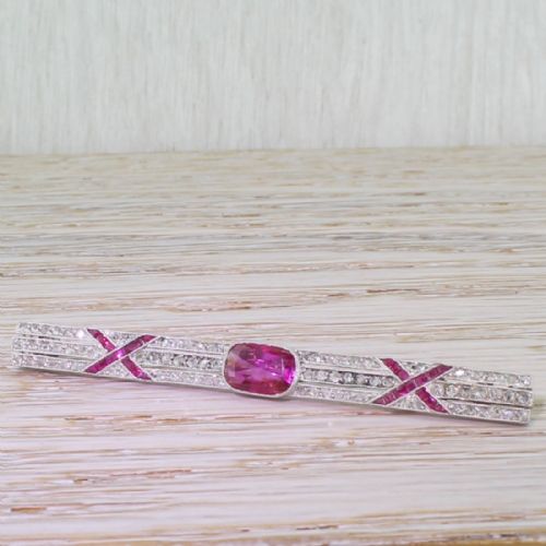 Art Deco Natural No Heat Ruby & Rose Cut Diamond Pin Brooch, Circa 1920