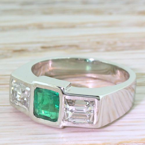 Retro Colombian Emerald & Baguette Cut Diamond Trilogy Ring, Circa 1945
