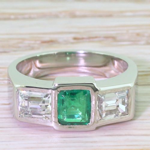 fig 1. Retro Colombian Emerald & Baguette Cut Diamond Trilogy Ring, circa 1945