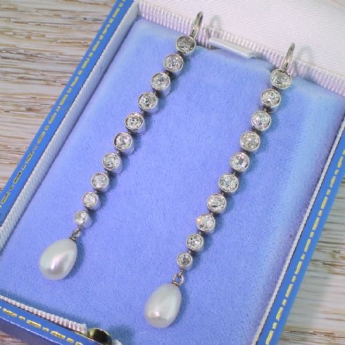 Art Deco Natural Pearl & 3.70 Carat Old Cut Diamond Drop Earrings, Circa 1935
