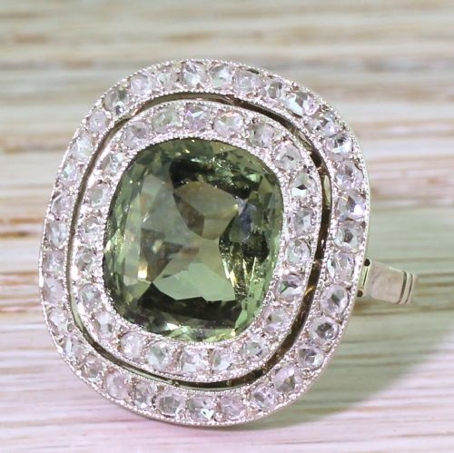 Retro 4.70 Carat Natural Green Sapphire & Rose Cut Diamond Ring, Circa 1950
