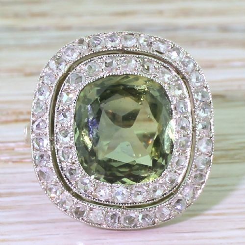 fig 1. Retro 4.70 Carat Natural Green Sapphire & Rose Cut Diamond Ring, circa 1950