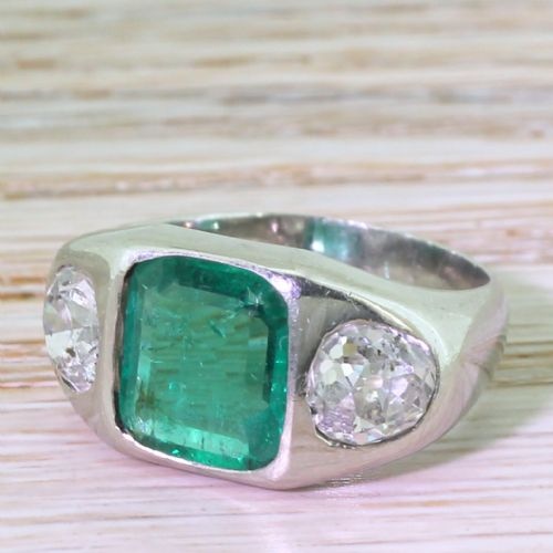 Art Deco 2.28 Carat Emerald & 1.97 Carat Old Cut Diamond Trilogy Ring, Circa 1940
