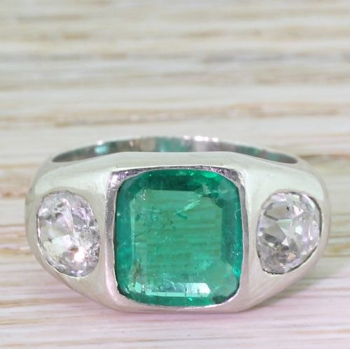 fig 1. Art Deco 2.28 Carat Emerald & 1.97 Carat Old Cut Diamond Trilogy Ring, circa 1940