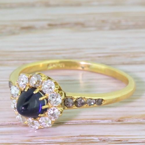 Victorian Sugarloaf Sapphire & Old Cut Diamond Cluster Ring, Circa 1900
