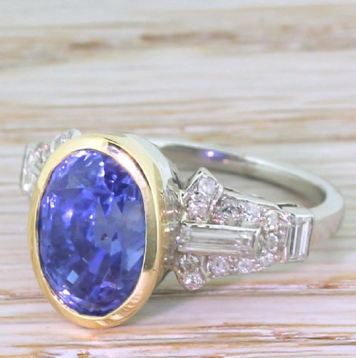 Art Deco 7.29 Carat Natural Ceylon Sapphire & Diamond Ring, Circa 1935
