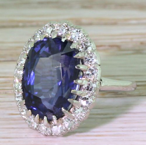 Art Deco 6.93 Carat Natural Ceylon Sapphire & Diamond Cluster Ring, Circa 1940
