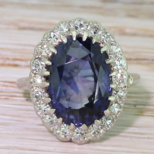 fig 1. Art Deco 6.93 Carat Natural Ceylon Sapphire & Diamond Cluster Ring, circa 1940