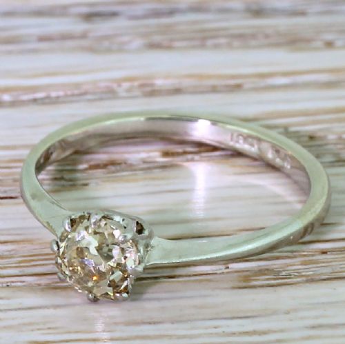 0.80 Carat Light Brown Old Cushion Cut Diamond, 18k White Gold & Platinum
