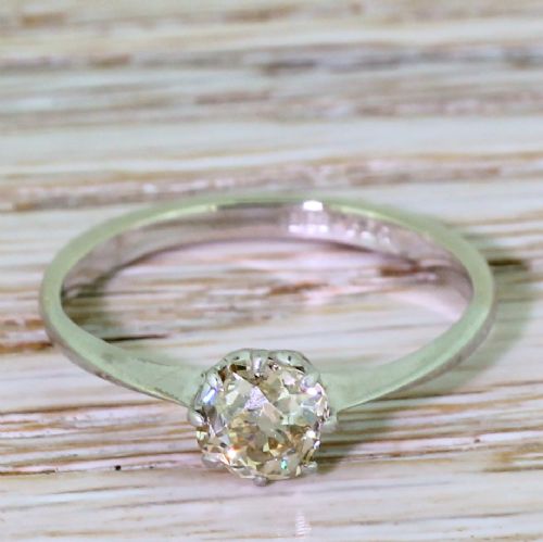 fig 1. 0.80 Carat Light Brown Old Cushion Cut Diamond, 18k White Gold & Platinum