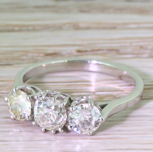 Art Deco 1.48 Carat Cushion & Round Old Cut Diamond Trilogy Ring, Circa 1945
