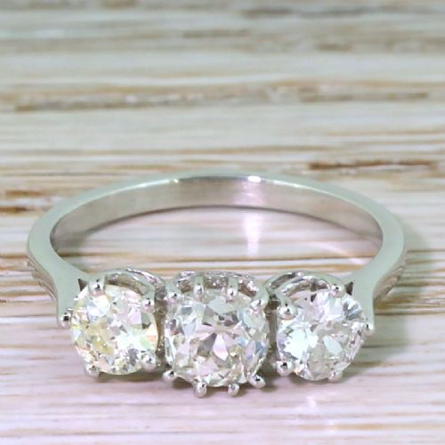 fig 1. Art Deco 1.48 Carat Cushion & Round Old Cut Diamond Trilogy Ring, circa 1945