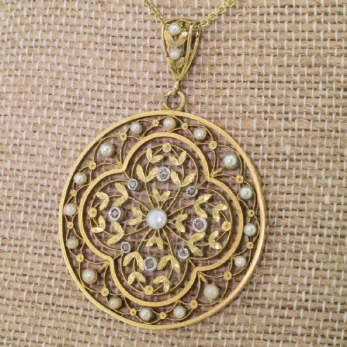 Art Nouveau Natural Seed Pearl & Rose Cut Diamond Pendant, Circa 1900

