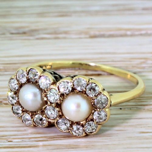 Edwardian Natural Pearl & Old Cut Diamond Double Cluster Ring, Circa 1905
