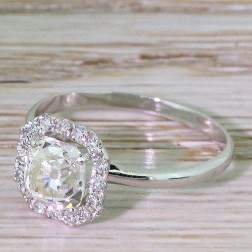1.19 Carat Old Cushion Cut Diamond Halo Ring, 18k White Gold
