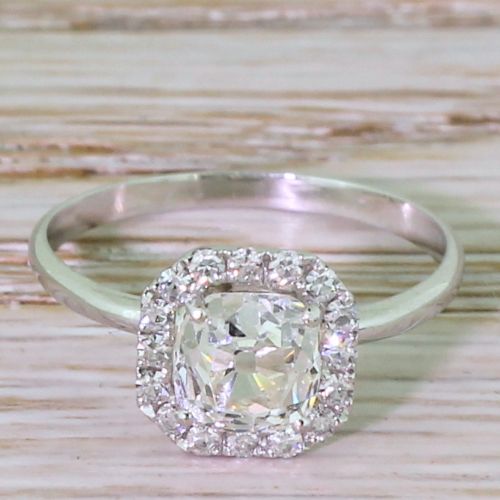 fig 1. 1.19 Carat Old Cushion Cut Diamond Halo Ring, 18k White Gold