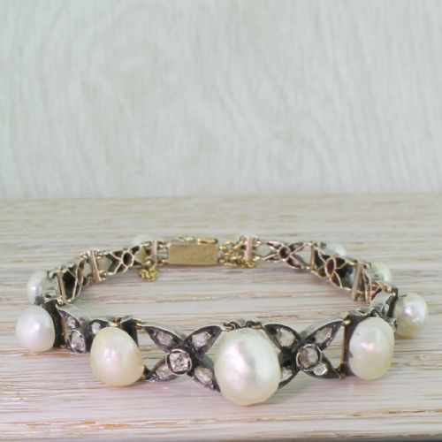 Early Victorian Natural Pearl, Rose Cut & Old Cut Diamond Bracelet, Circa 1850
