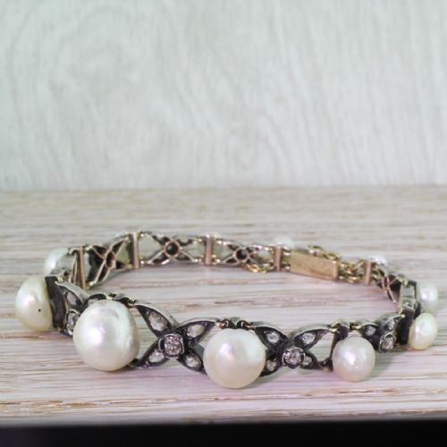fig 1. Early Victorian Natural Pearl, Rose Cut & Old Cut Diamond Bracelet, circa 1850
