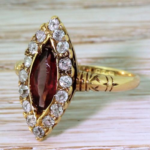 Victorian 1.25 Carat Purple Tourmaline & Old Cut Diamond Navette Cluster Ring, Circa 1890
