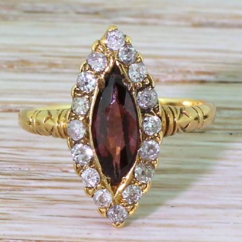 fig 1. Victorian 1.25 Carat Purple Tourmaline & Old Cut Diamond Navette Cluster Ring, circa 1890

