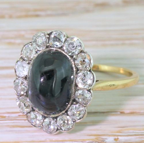 Edwardian 4.00 Carat Cabochon Sapphire & Old Cut Diamond Ring, Circa 1905
