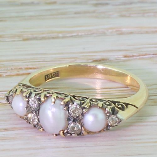 Art Deco Natural Pearl & Old Cut Diamond Half Hoop Ring, Circa 1920
